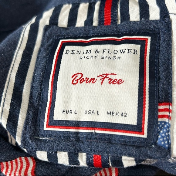 Denim & Flower Born Free Flag Button Down Shirt Ricky Singh Men's Navy Sz Large - Picture 3 of 7